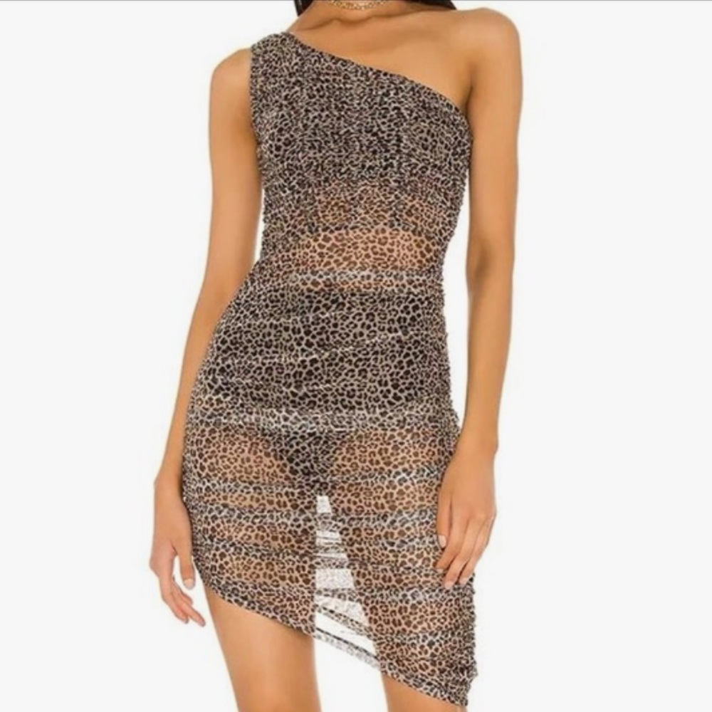 GUIZIO One Shoulder Ruched Dress in Leopard